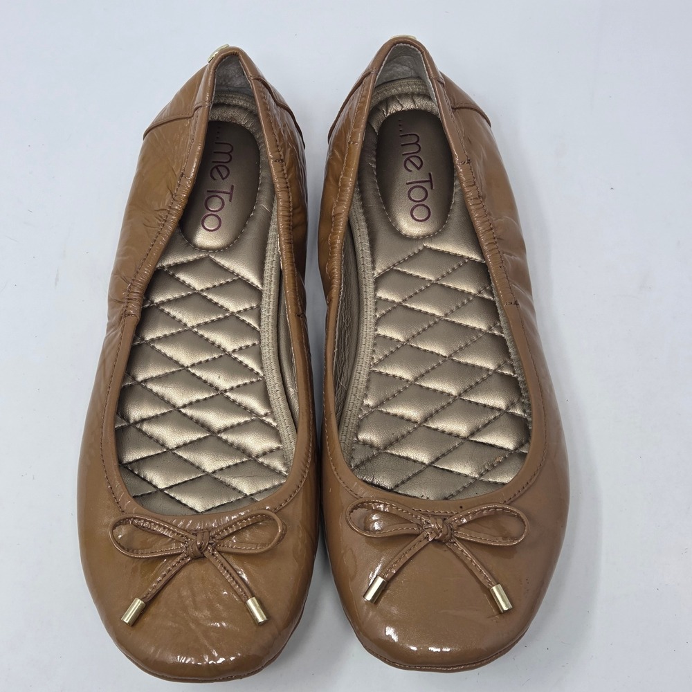 Me Too Florenya 2 Camel Tan Patent Leather Ballet Flats Bow Gold Hardware 8.5M